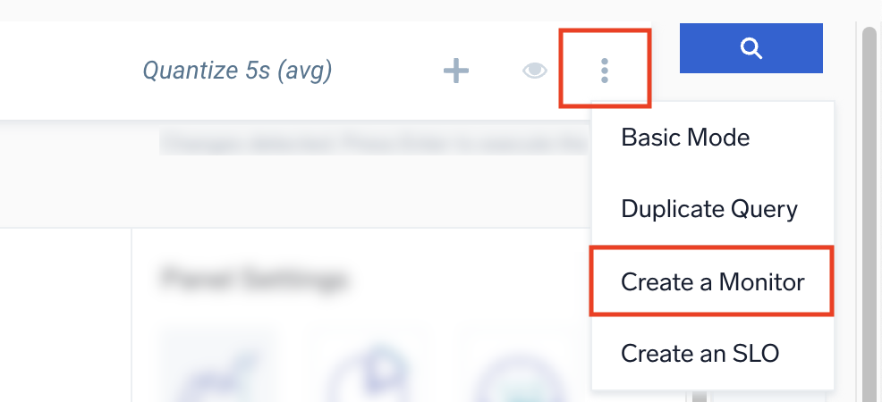 Screenshot of the Metrics Search in Sumo Logic, showing the dropdown menu accessed via the three vertical dots icon. The menu includes options for Basic Mode, Duplicate Query, Create a Monitor, and Create an SLO. The option 'Create a Monitor' is highlighted. Below the menu, the thresholds panel shows critical and warning thresholds set to 500000000 and 80, respectively, with the 'Fill remaining area as green' option toggled off.