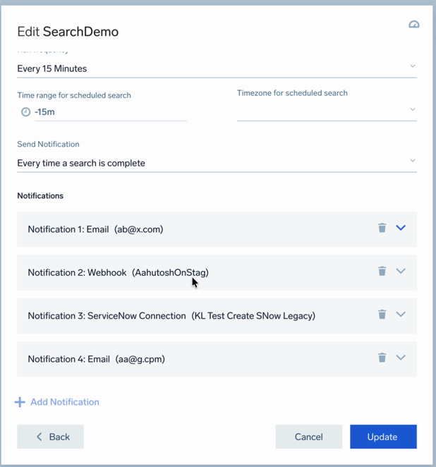 Edit Scheduled Search dialog listing four configured notifications: two Email alerts, a Webhook alert, and a ServiceNow Connection alert