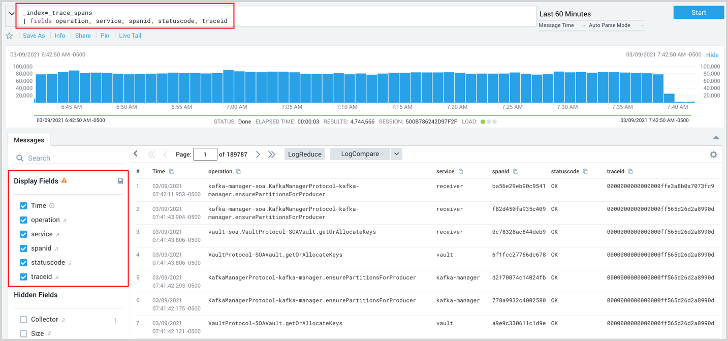 Spans search with fields highlighted