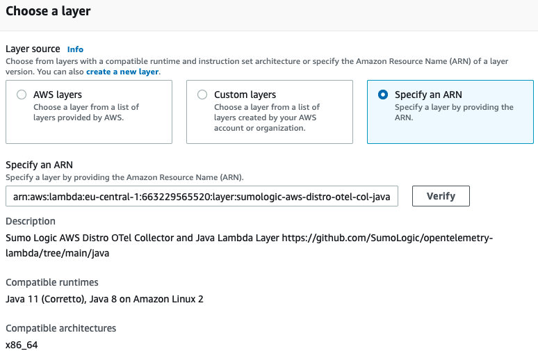 AWS Lambda Choose a layer option