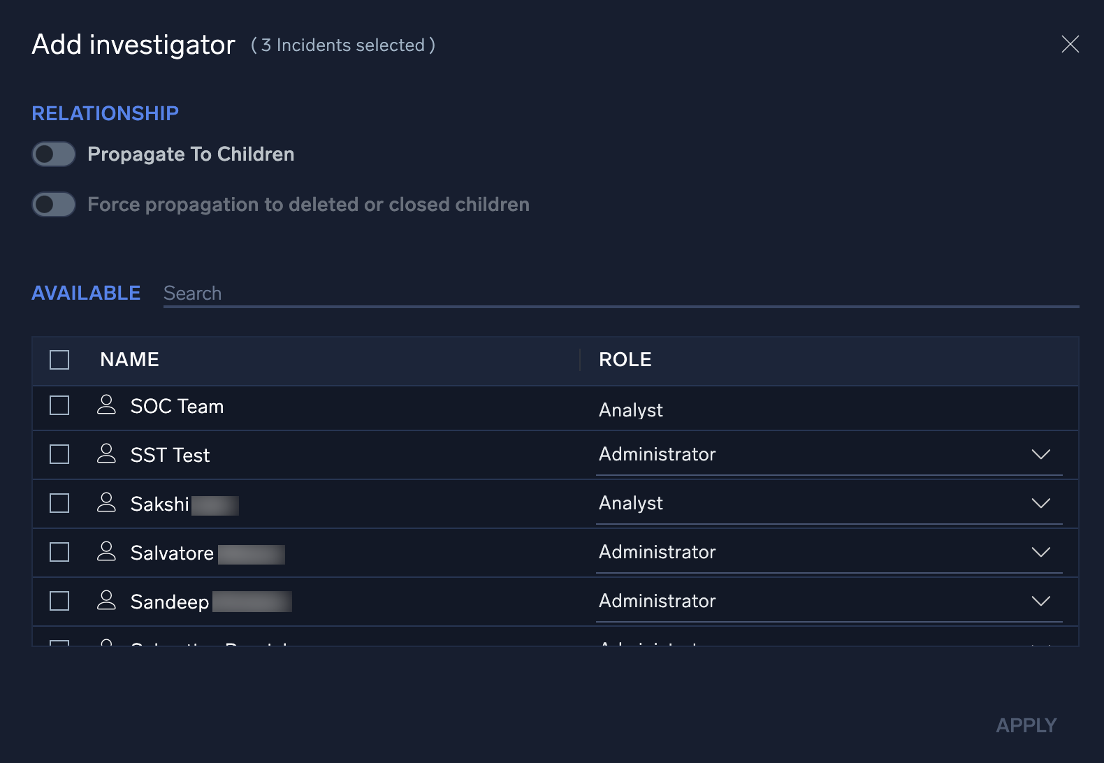 Add Investigator dialog