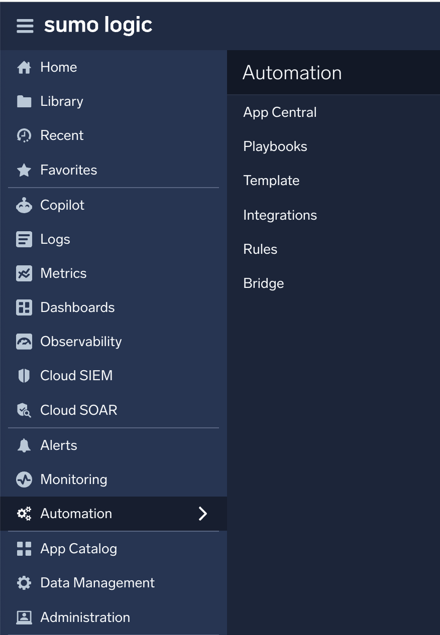 Cloud SOAR Automation menu