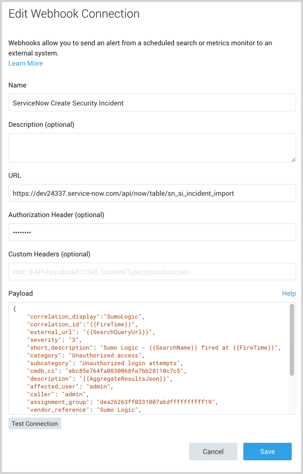 serviceNow webhook configuration