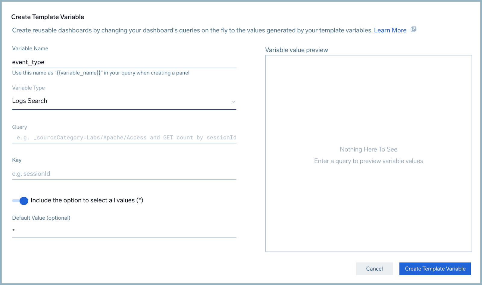 Create a template variable dialog