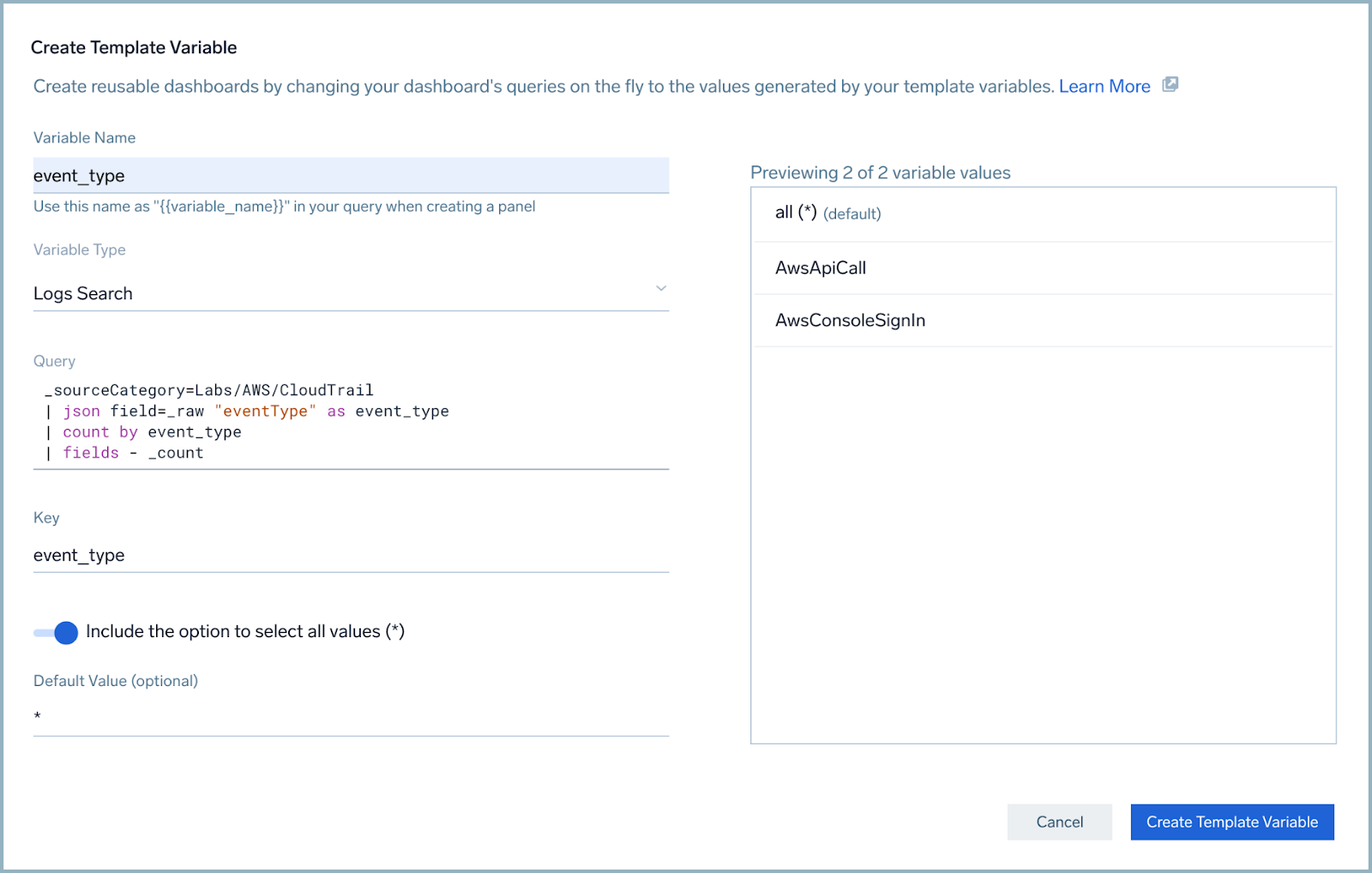 Query in the create template variable dialog