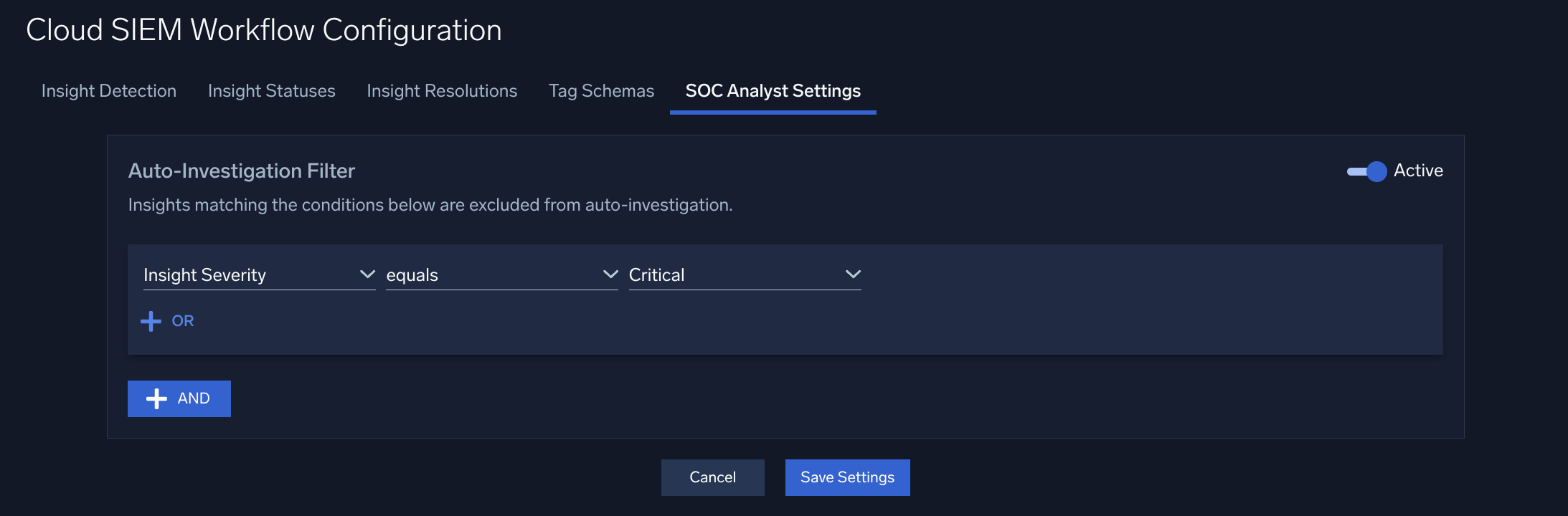 Auto-Investigation Filter on the SOC Analyst Settings tab