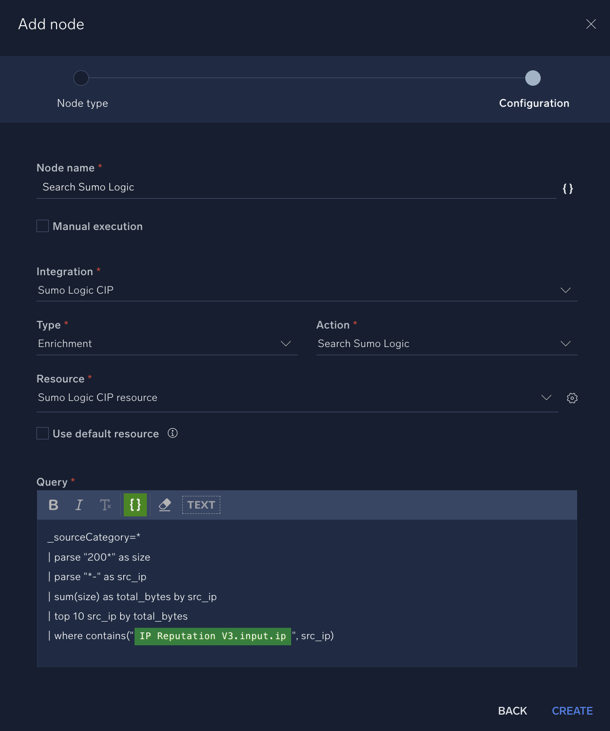 Add Search Sumo Logic node