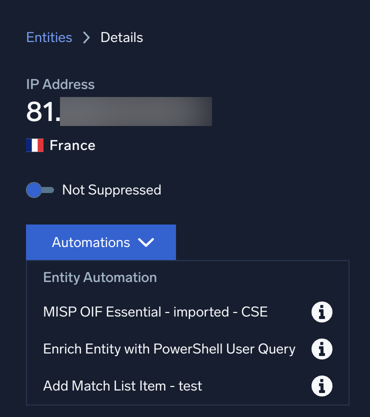 Automations menu on an entity