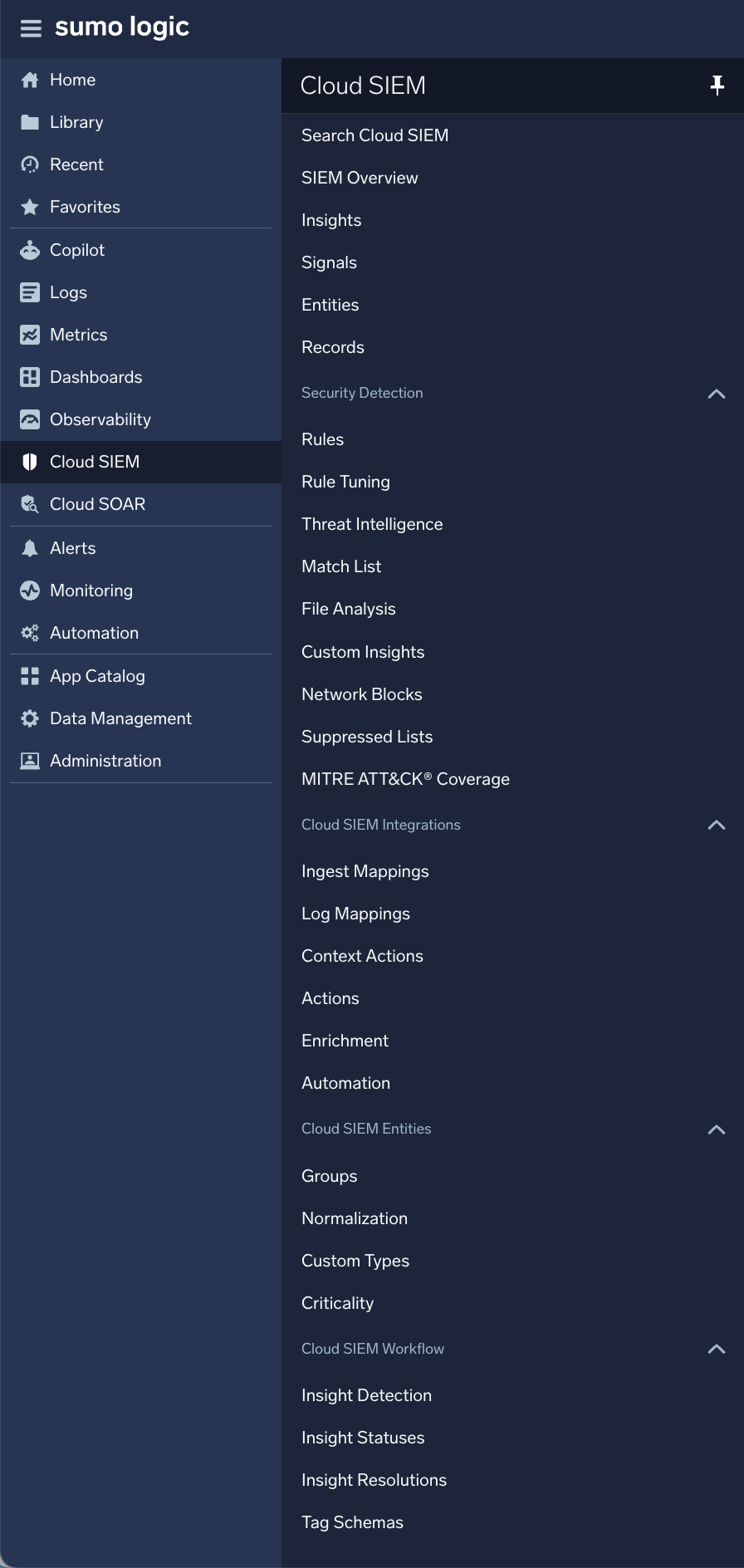 Cloud SIEM sidebar menu