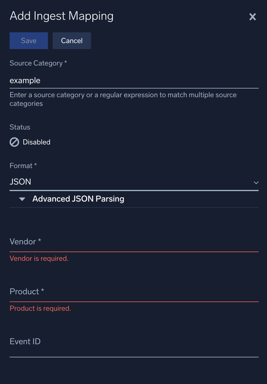 Create mapping with JSON format