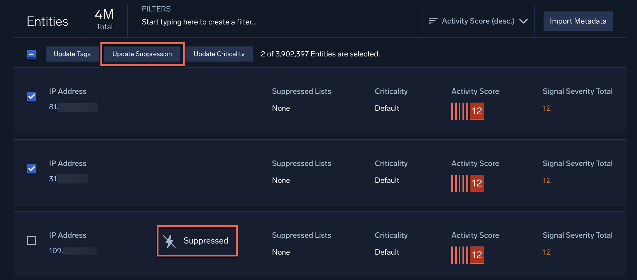 Suppression on the entities page