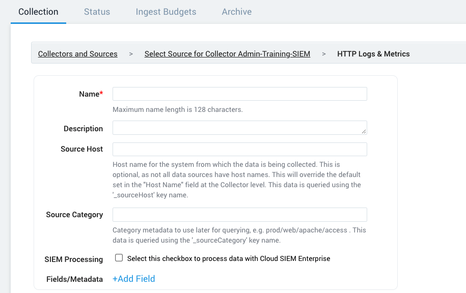 Source configuration page