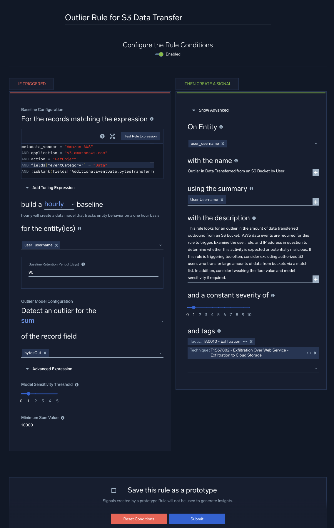 Example outlier rule definition
