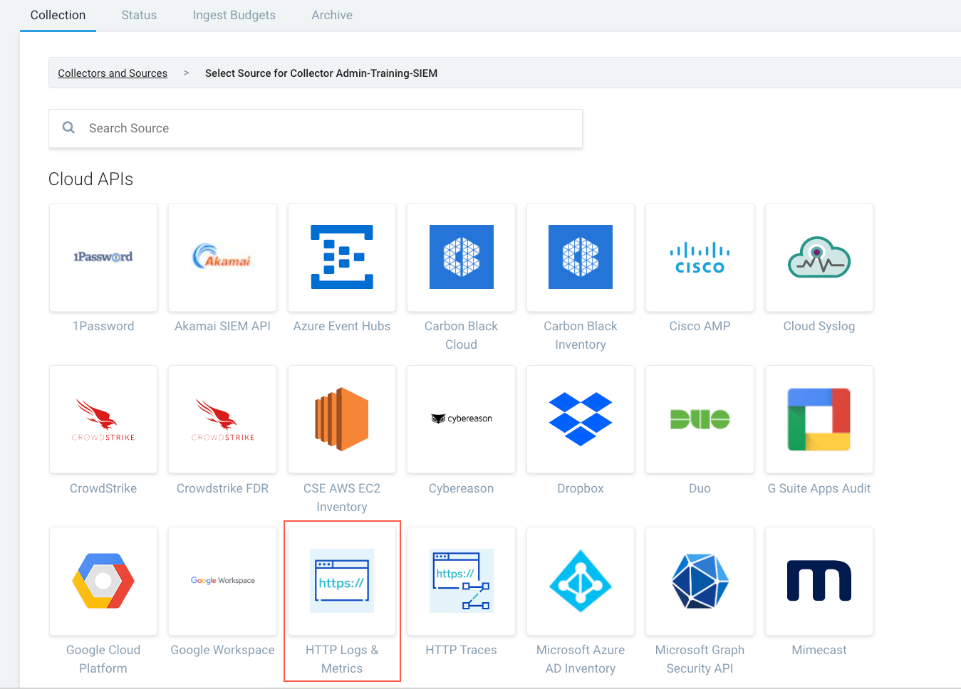 TTP Logs & Metrics tile on the Collection tag