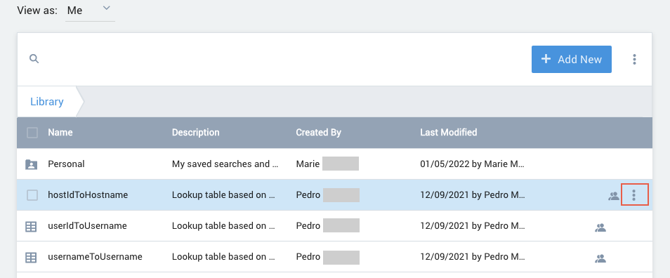 Kebab button on a library item