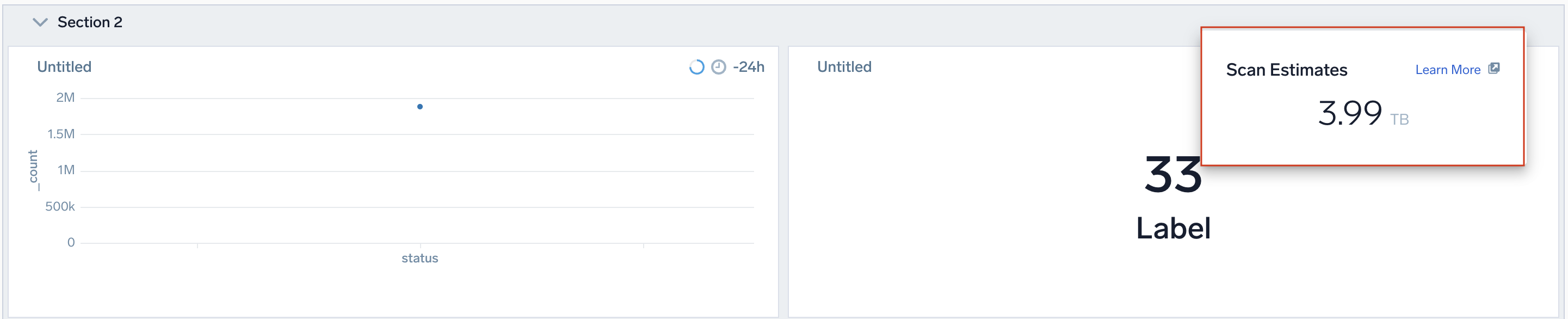 Section scan estimate popup showing projected GB for panels in that section