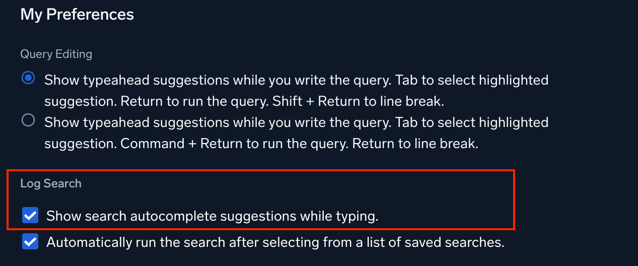 Log Search preferences with the Show search autocomplete suggestions while typing checkbox