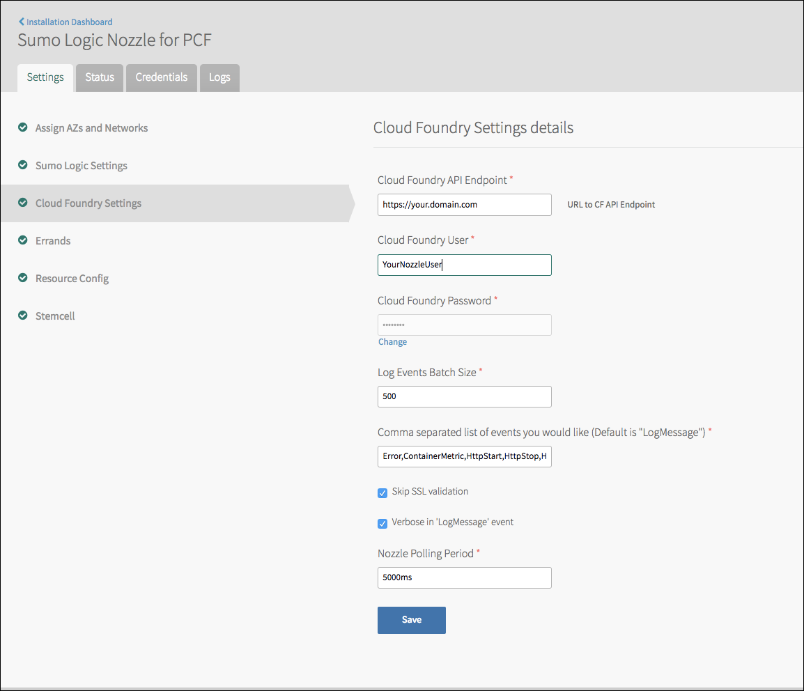 Sumo Logic Nozzle PCF settings