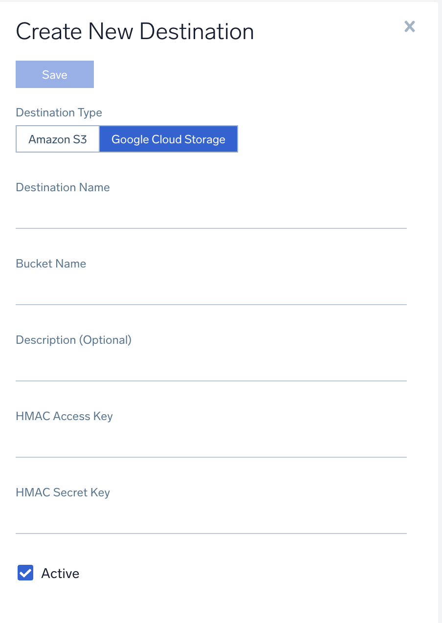 Create S3 Destination popup