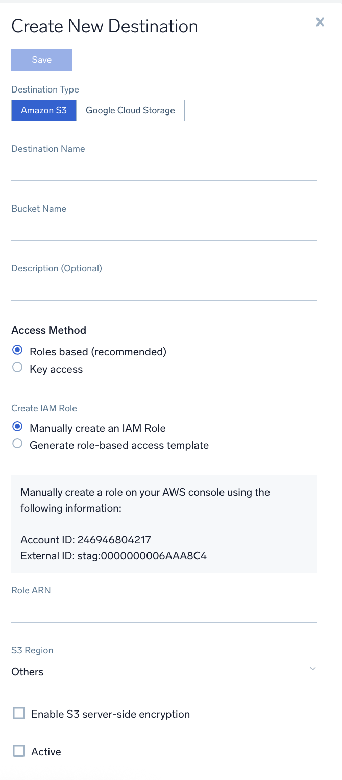 Create S3 Destination popup
