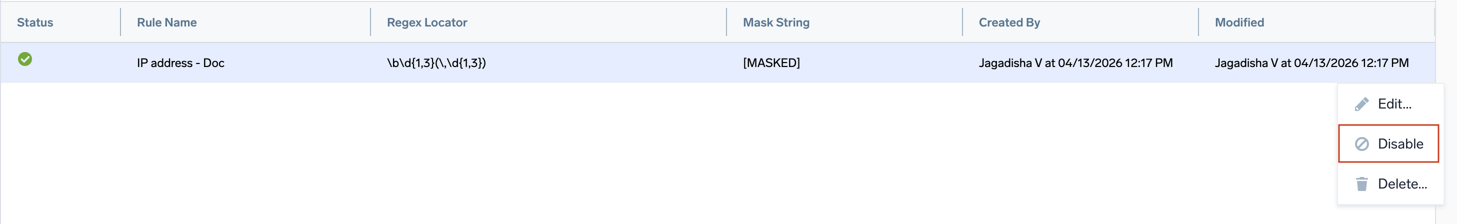 Disable data masking rule