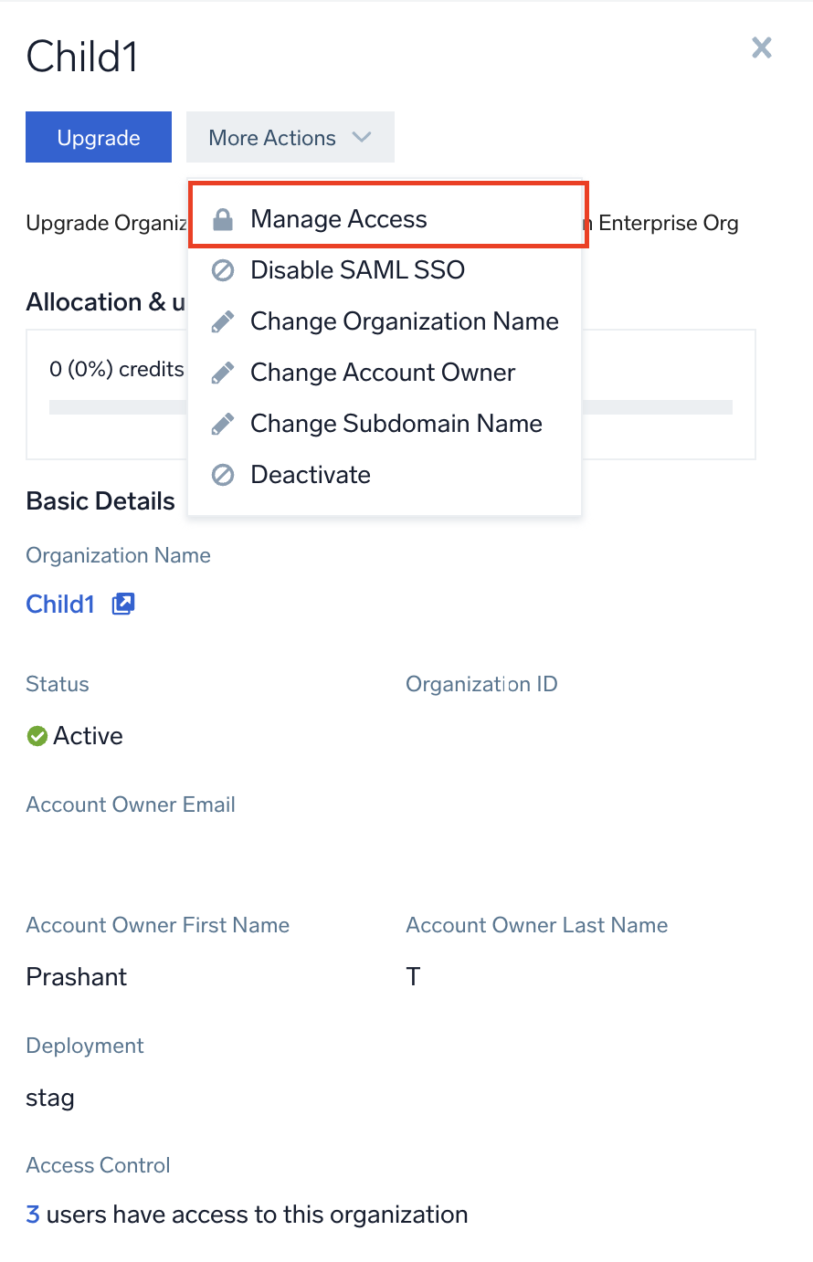 Child Org Manage Access Button