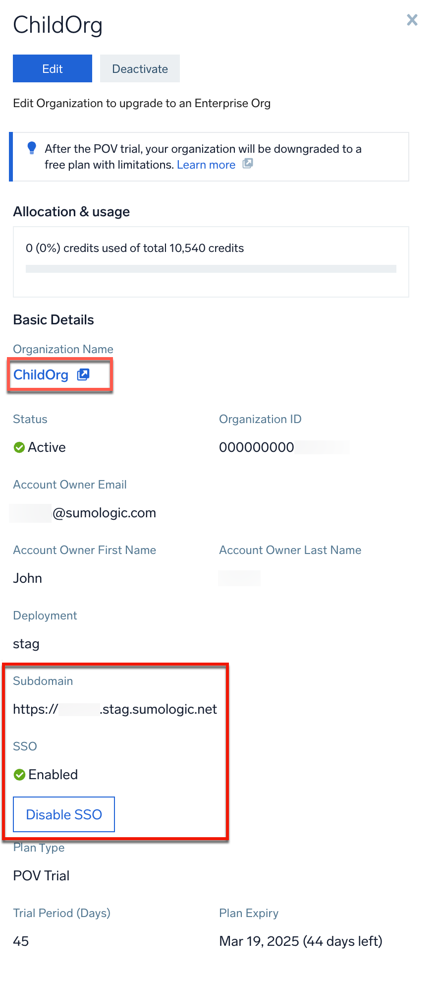 SSO enabled for a child organization