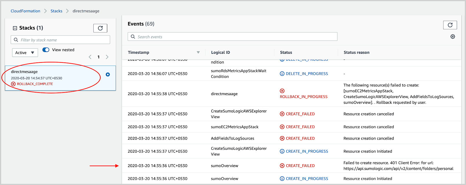 A screenshot of the stack with the words circled 'Rollback complete'