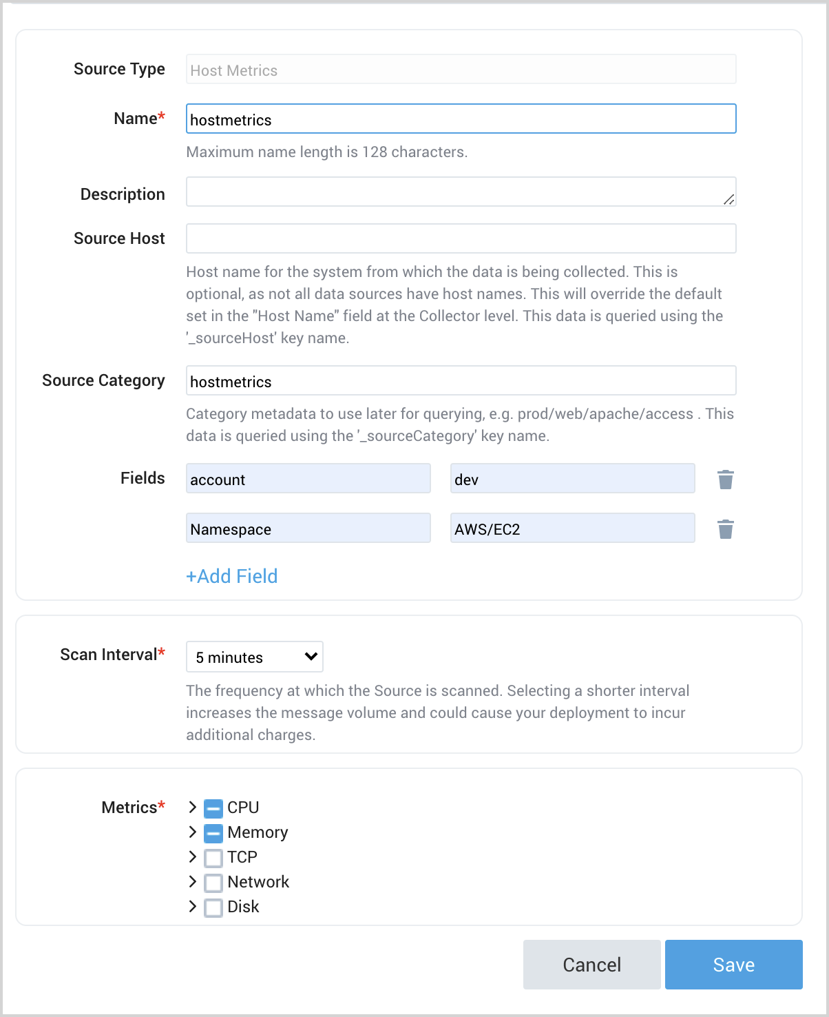Host metrics configuration panel