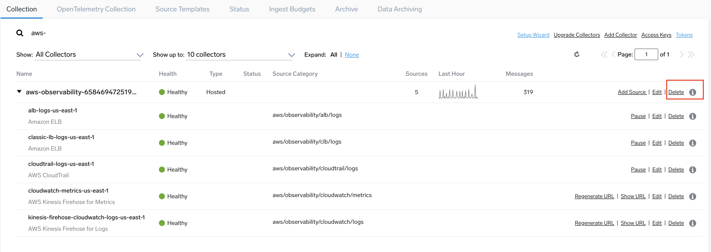 Delete collectors and sources in Sumo Logic