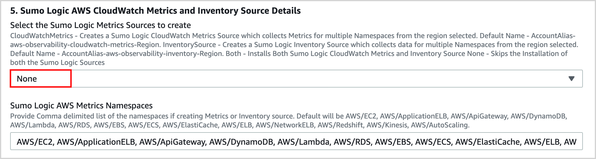 elect the Sumo Logic Metrics Sources to create