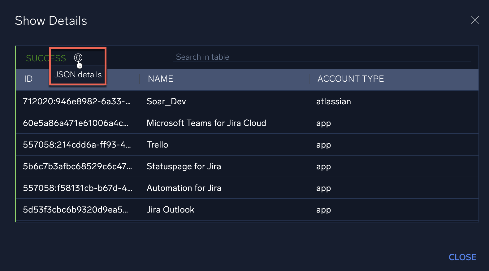 Output JSON details button