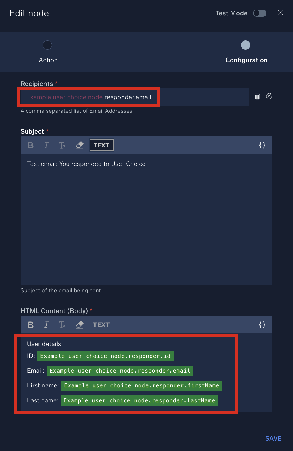 User choice variables in a node