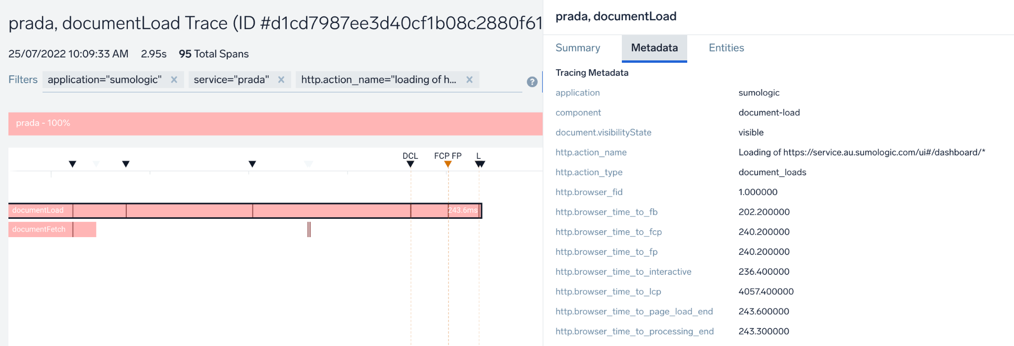 Example of span metadata for transaction traces displayed in the Real User Monitoring dashboard, providing detailed performance insights