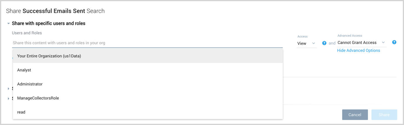 Users and Roles options when sharing saved search