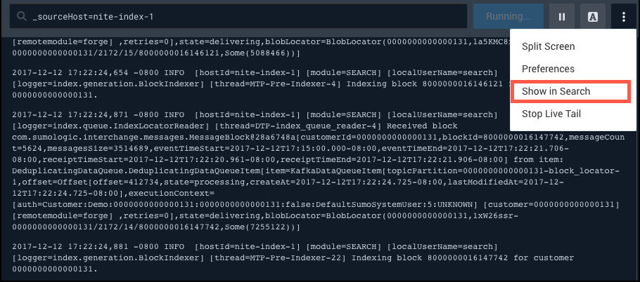 Show in search Live Tail