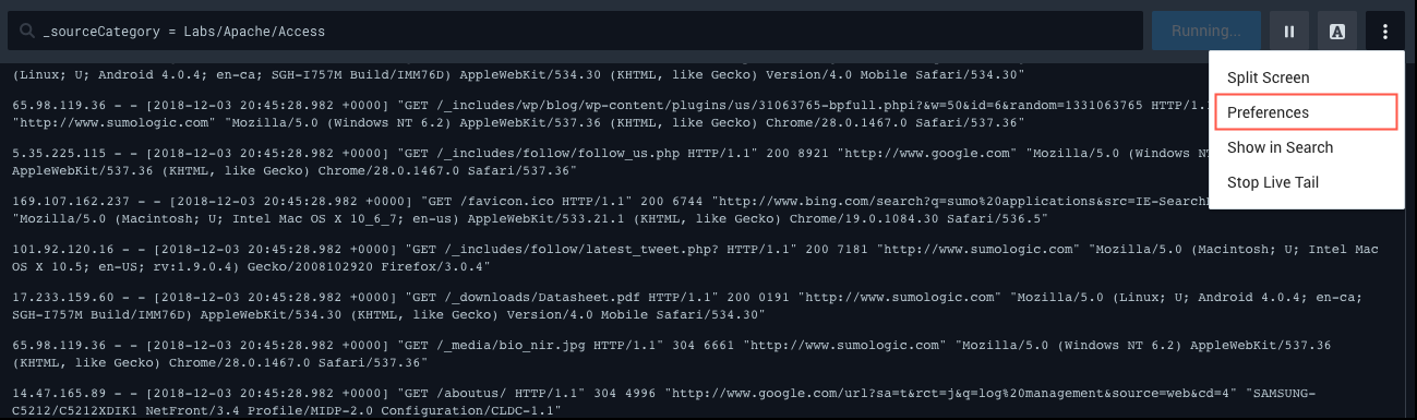 Live Tail details preferences