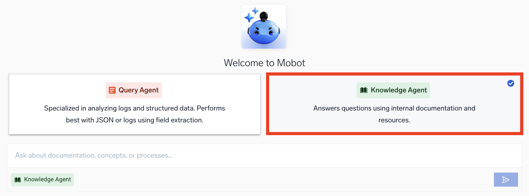 Knowledge Agent button selected in the Mobot UI