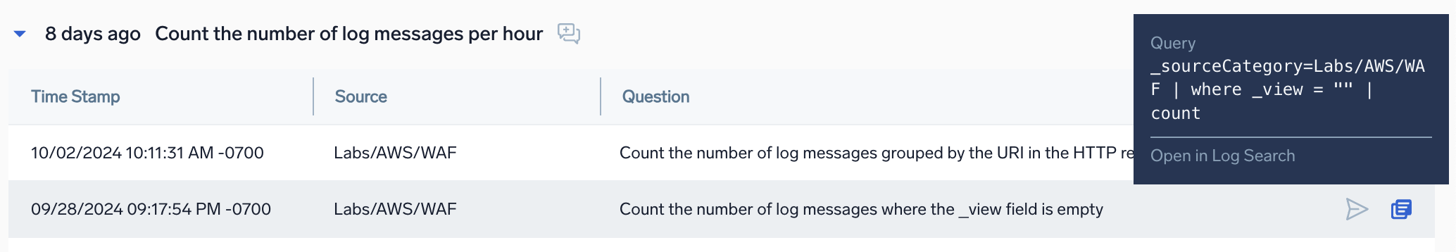 Open Mobot query in log search from History