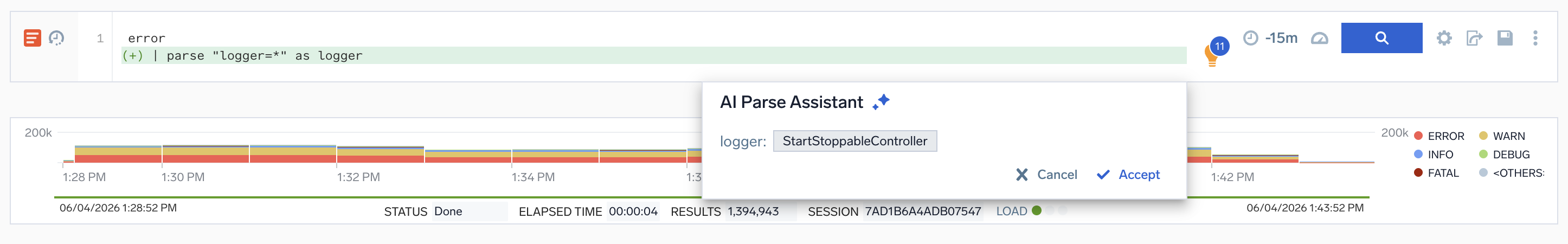 AI Parse Assistant pop-up showing a suggested parse field with Cancel and Accept buttons.
