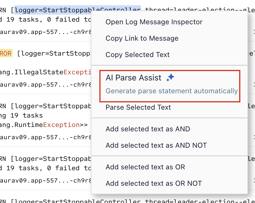 Right-click context menu on a log entry showing the AI Parse Assist option with the description 'Generate parse statement automatically'.