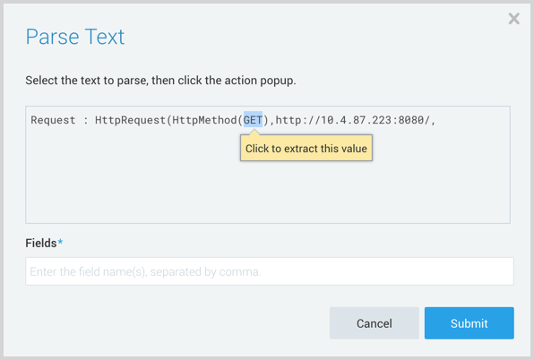 Screenshot of the 'Parse Text' dialog box in Sumo Logic
