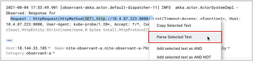 Screenshot of a log entry in Sumo Logic, showing a request with the details 'HttpRequest(HttpMethod(GET), http://10.4.87.223:8080/...' followed by a context menu with options including 'Copy Selected Text,' 'Parse Selected Text' (highlighted), and additional filtering options.