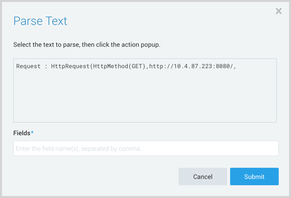 Screenshot of the 'Parse Text' dialog box in Sumo Logic