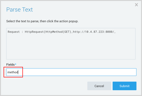 Screenshot of the 'Parse Text' dialog box in Sumo Logic