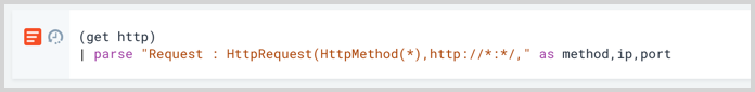 Screenshot of a query parsing the log entry with the commandas method,ip,port.