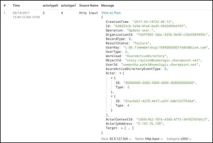 Screenshot of a Sumo Logic search result displaying parsed JSON data from an HTTP input