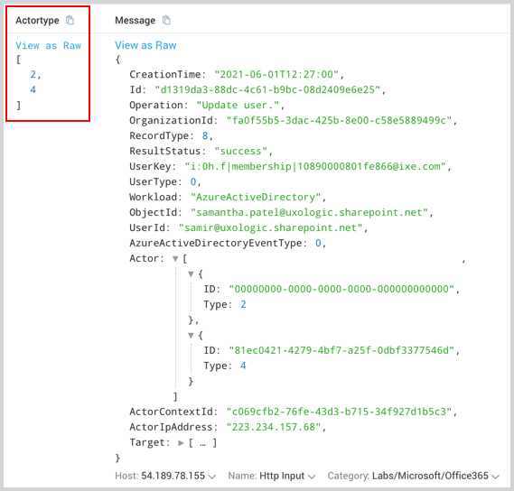 A table lists logs with columns for Time, actortype0, actortype1, Source Name, and Message.