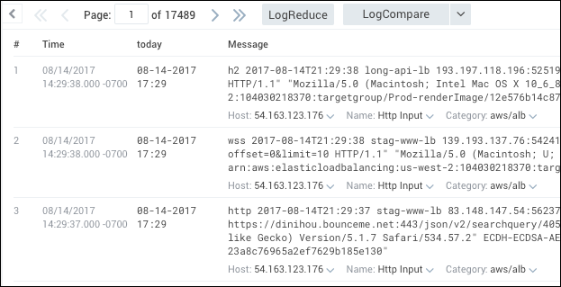 A screenshot of a Sumo Logic log query results table with columns for time, today, and message. The timestamps are in the format 'MM/DD/YYYY HH:MM:SS.SSS -0700'