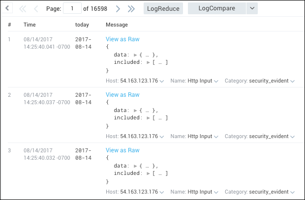 A screenshot of a Sumo Logic log query results table with columns for time, today, and message. The timestamps are in the format 'MM/DD/YYYY HH:MM:SS.SSS -0700'